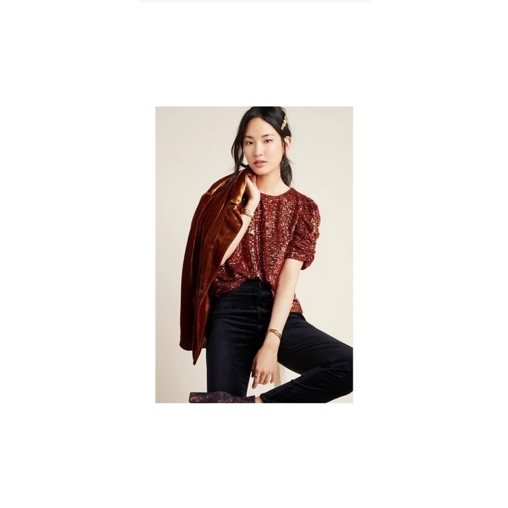 Anthropologie Marie Sequined Top Sz 2 Copper $120 Christmas Sparkle Rust NYE - Picture 3 of 13